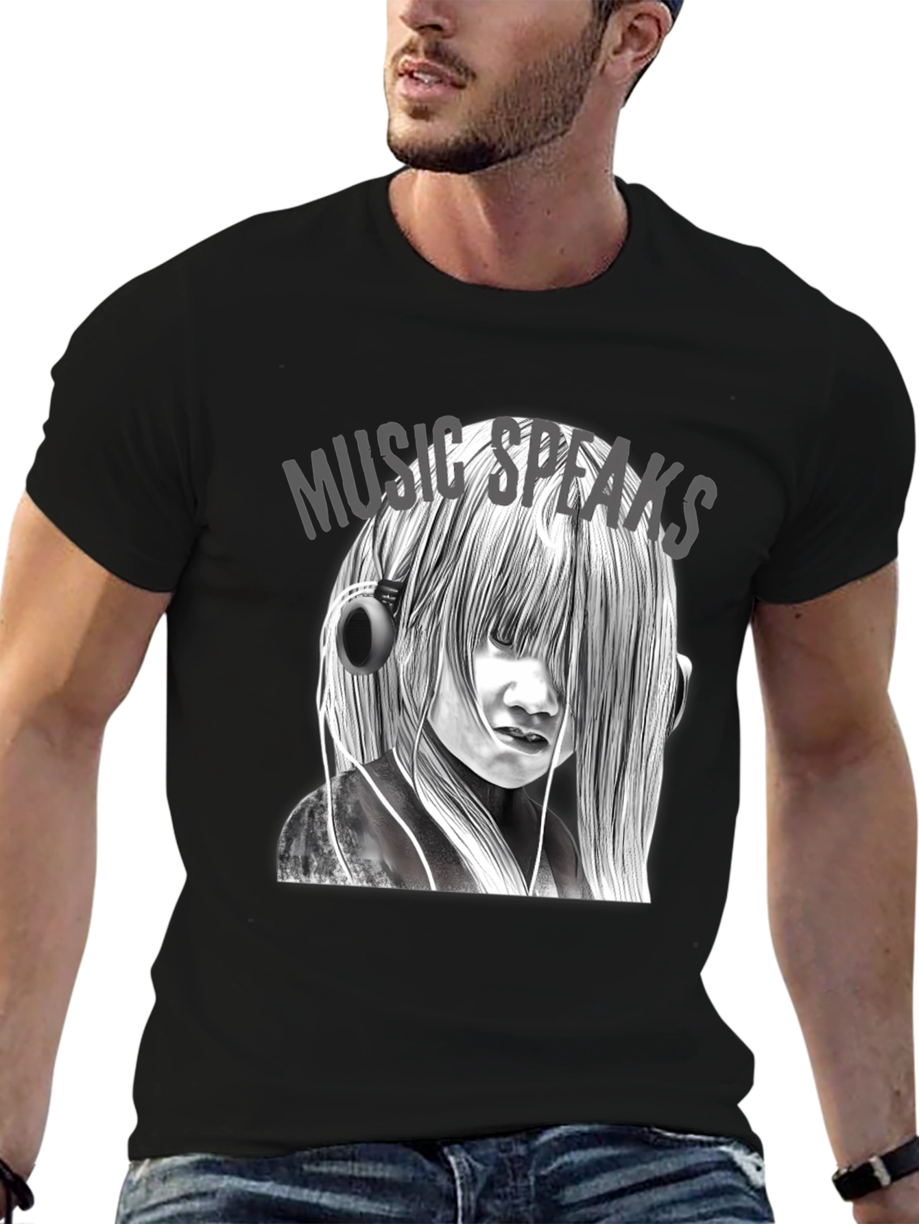 Music Speaks Graphic Tee - Black Cotton T-Shirt