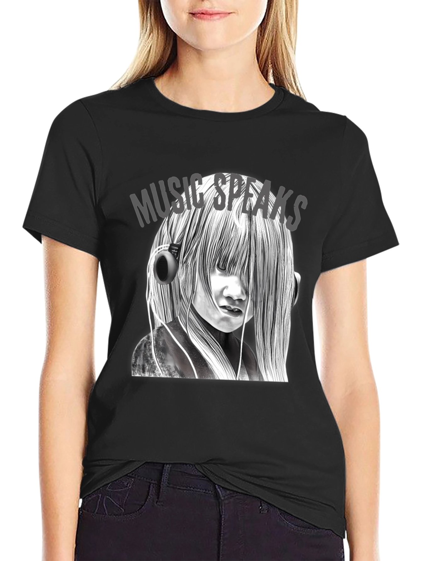Music Speaks Graphic Tee - Black Cotton T-Shirt