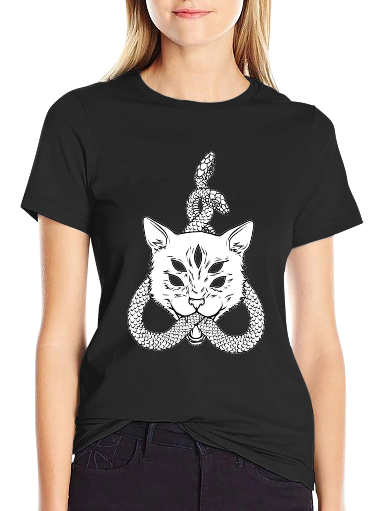 Mystic Cat & Snake Graphic Tee - Black