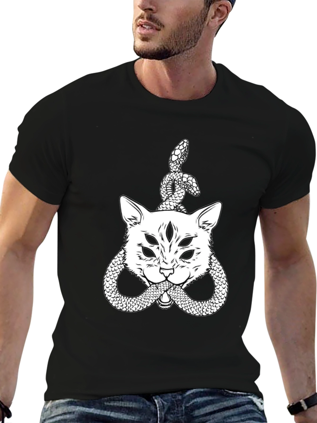 Mystic Cat & Snake Graphic Tee - Black