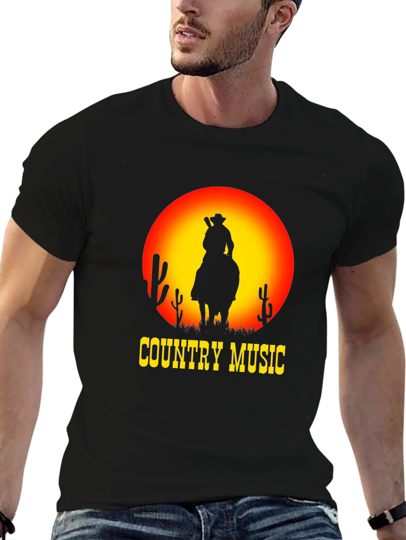 Country Music Sunset Cowboy Black T-Shirt