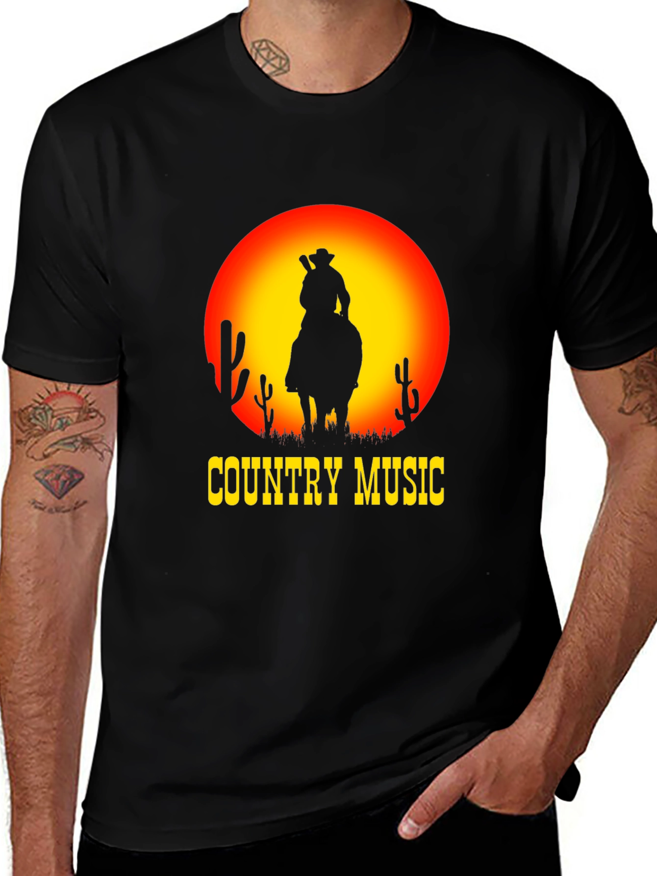 Country Music Sunset Cowboy Black T-Shirt