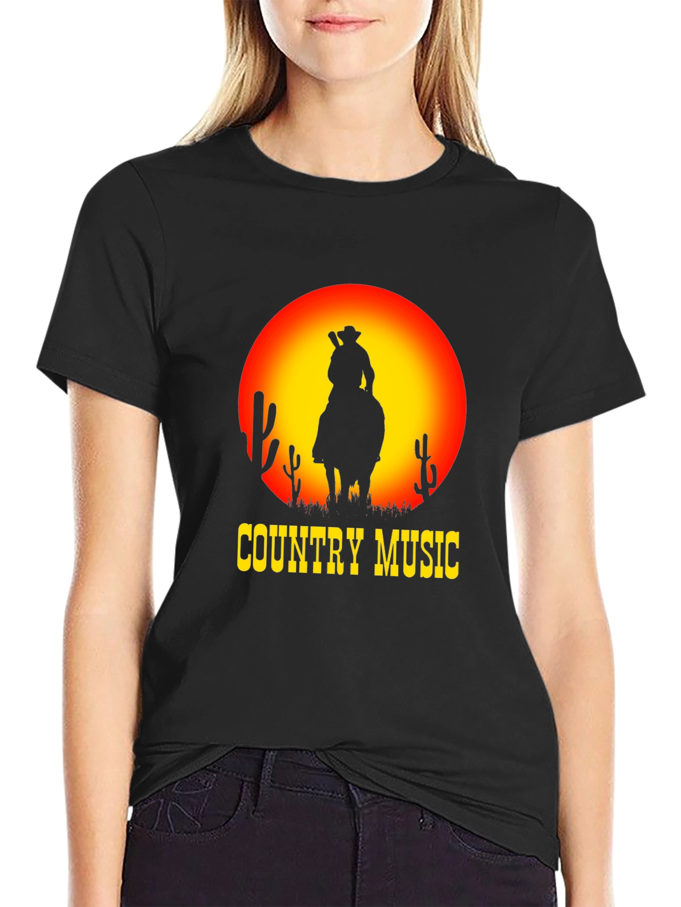 Country Music Sunset Cowboy Black T-Shirt