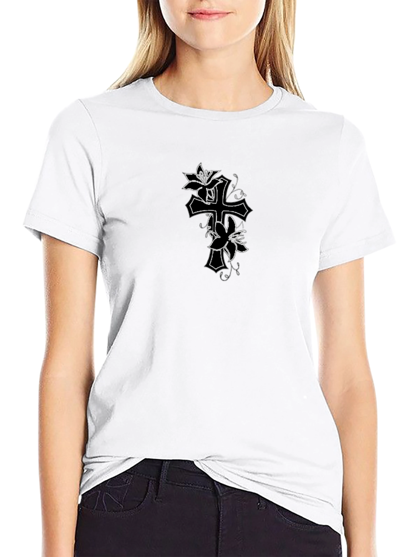 Floral Cross Graphic Mens Black T-Shirt