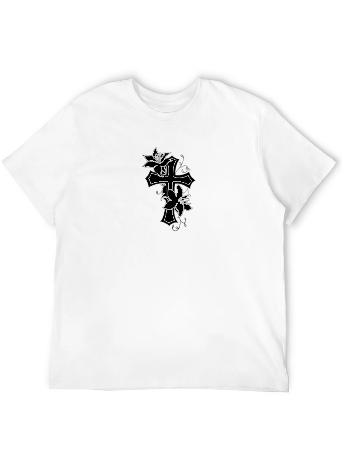 Floral Cross Graphic Mens Black T-Shirt