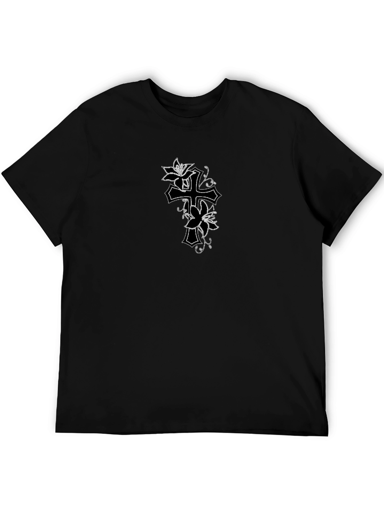 Floral Cross Graphic Mens Black T-Shirt