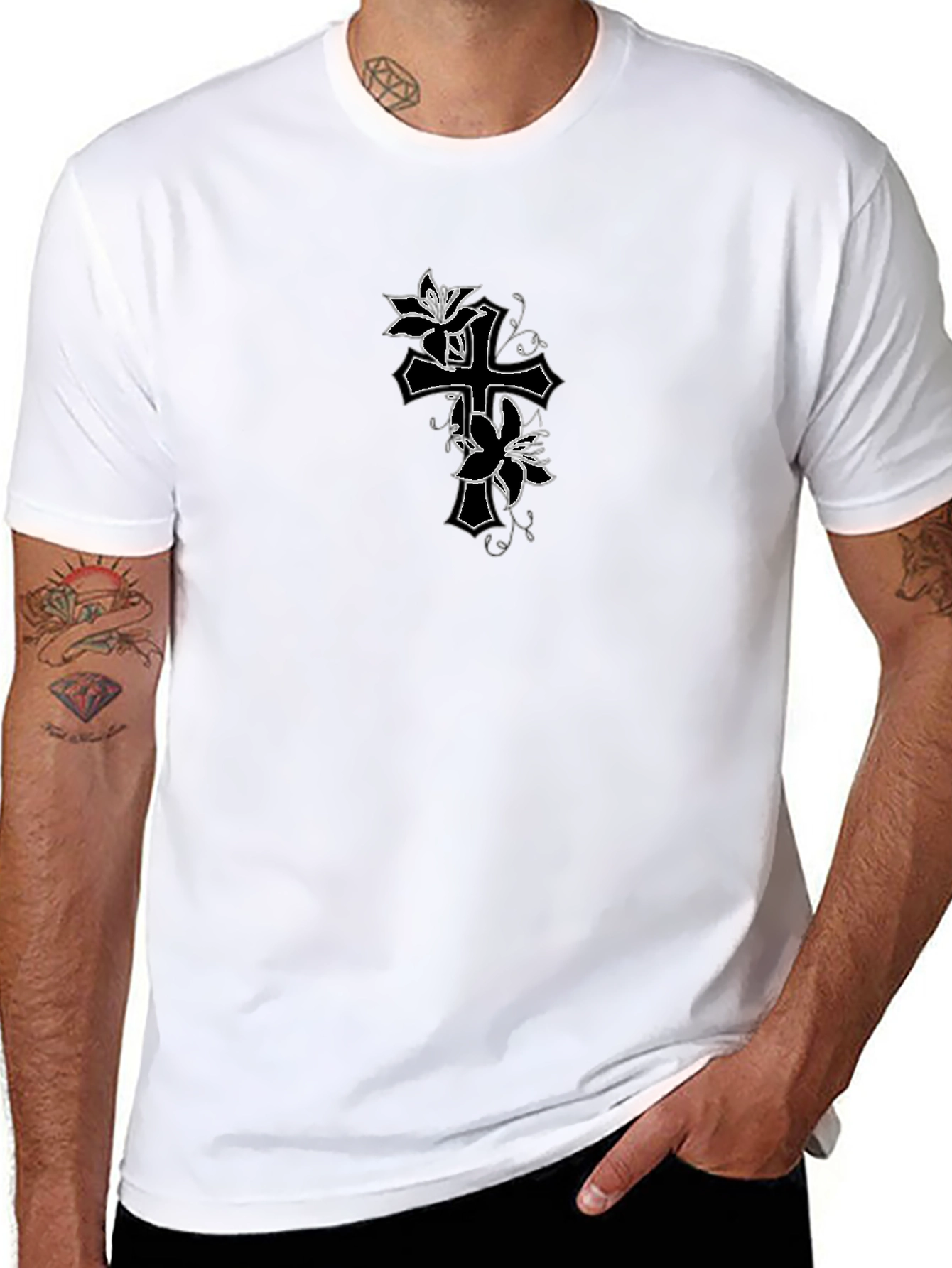 Floral Cross Graphic Mens Black T-Shirt