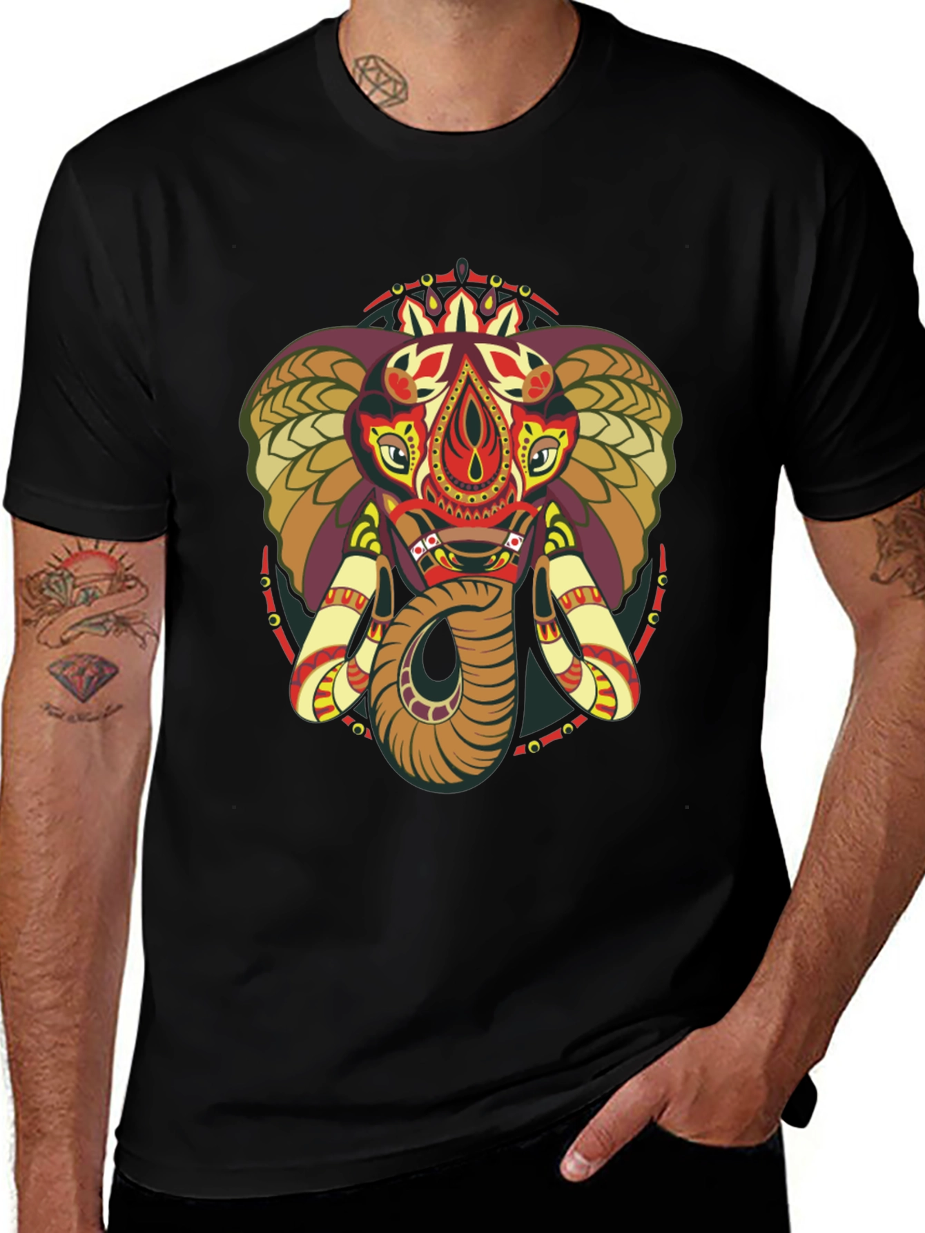 Elephant Mandala Graphic Print Crew Neck Tee
