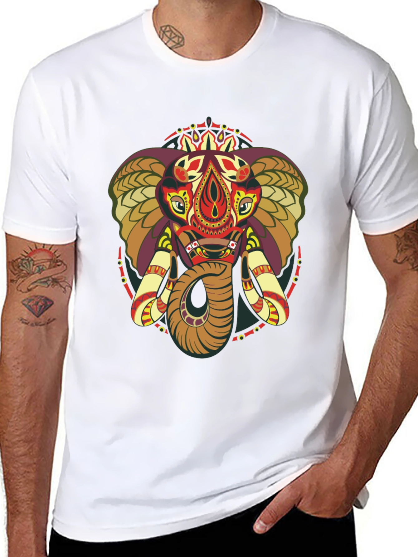 Elephant Mandala Graphic Print Crew Neck Tee