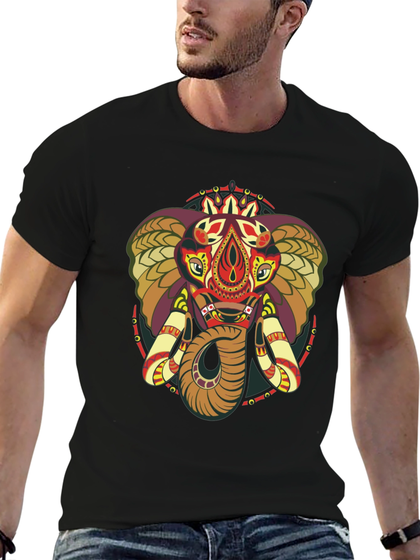 Elephant Mandala Graphic Print Crew Neck Tee