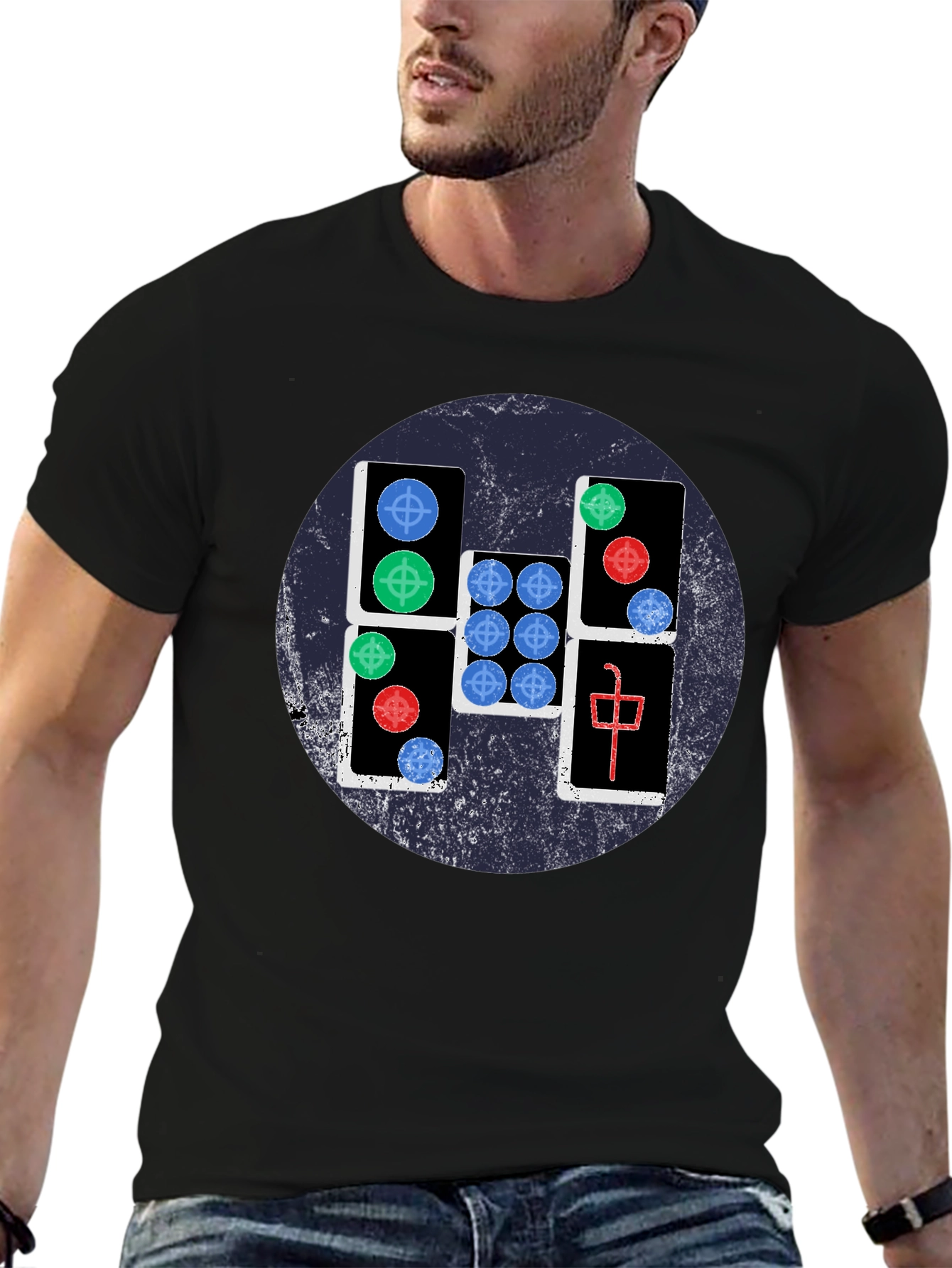 Mahjong Tile Graphic Tee - Casual Black T-Shirt