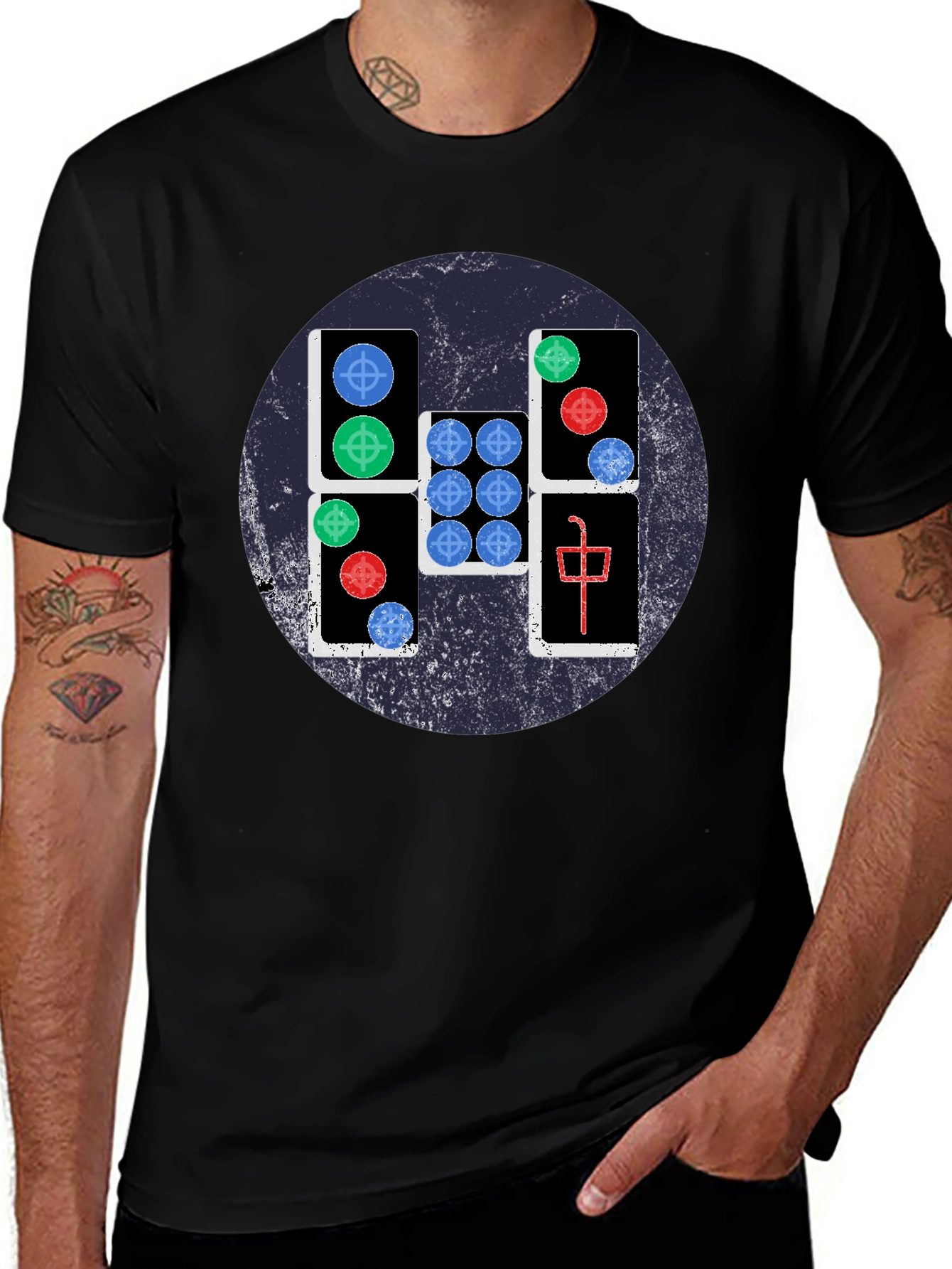 Mahjong Tile Graphic Tee - Casual Black T-Shirt
