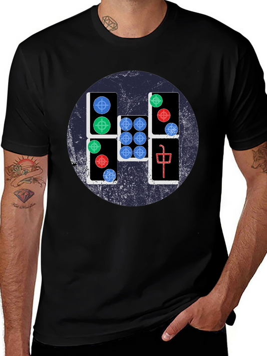 Mahjong Tile Graphic Tee - Casual Black T-Shirt