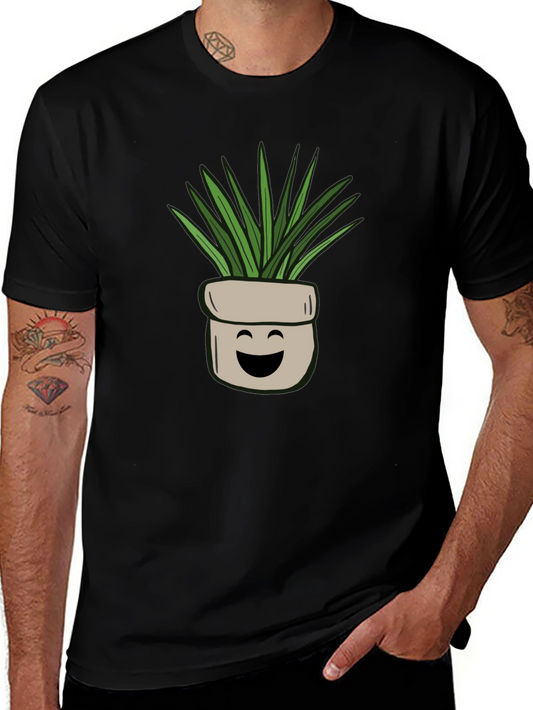 Smiling Plant Pot Graphic Tee - Black Cotton Comfort