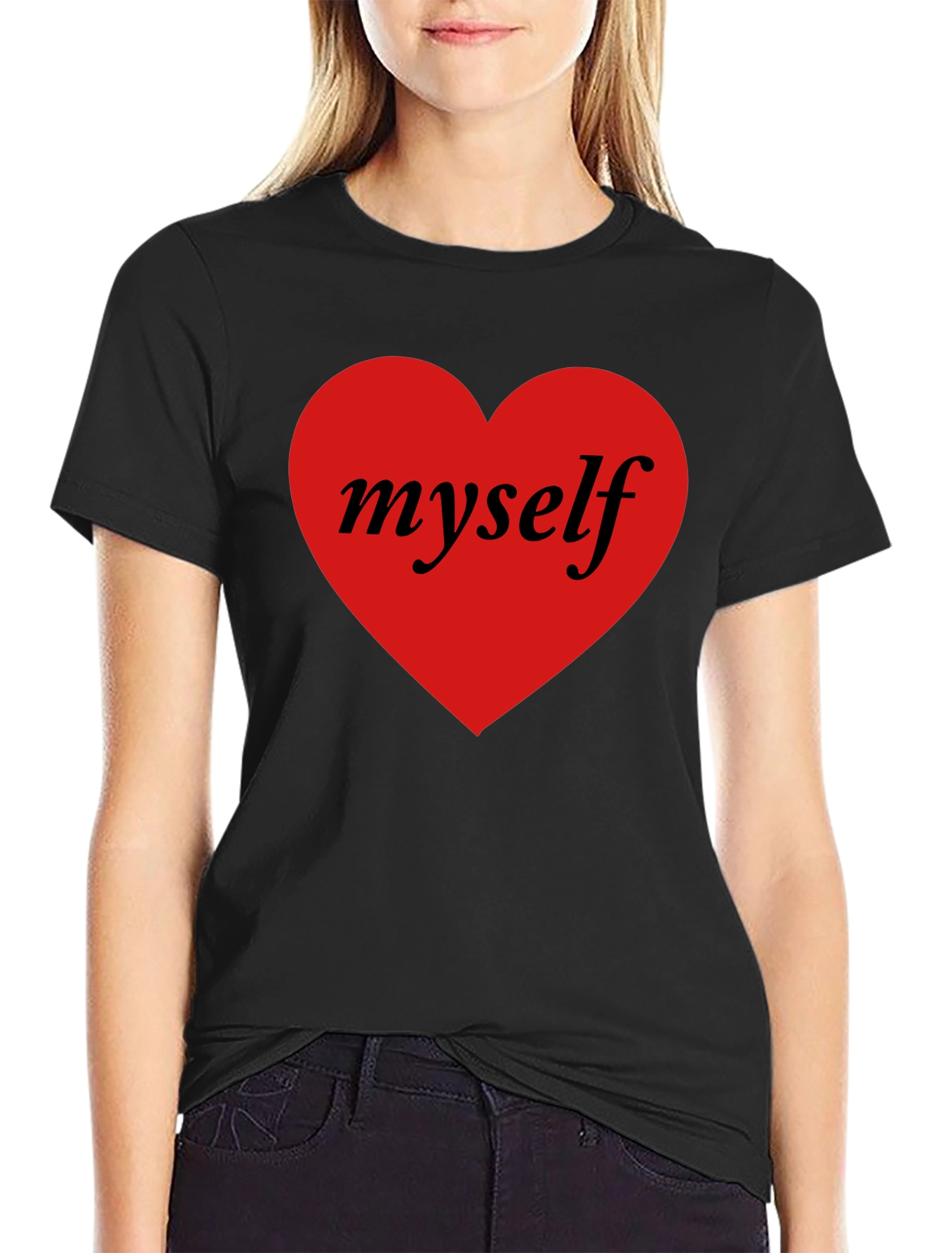 I Love Myself Black T-Shirt Red Heart Design