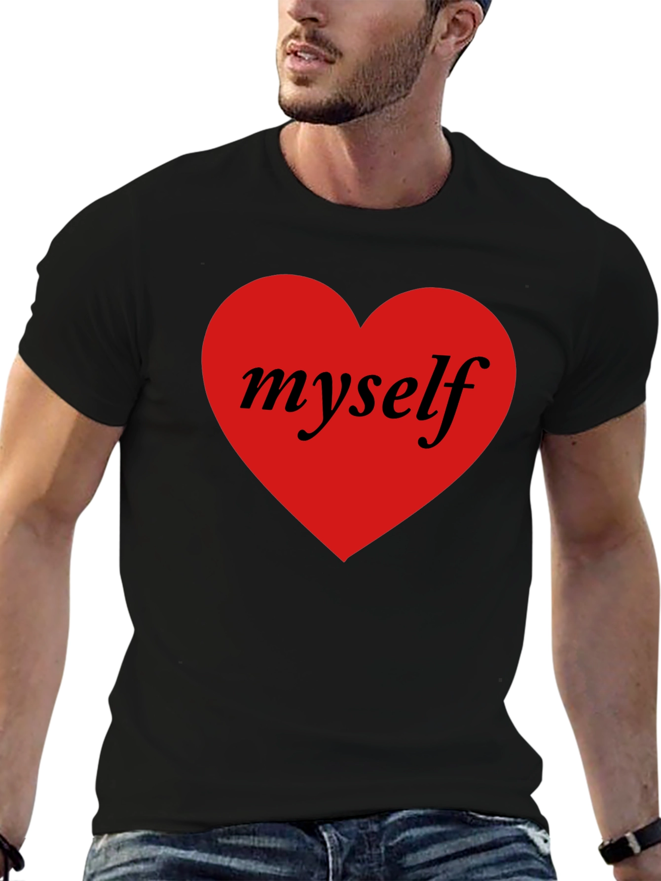 I Love Myself Black T-Shirt Red Heart Design
