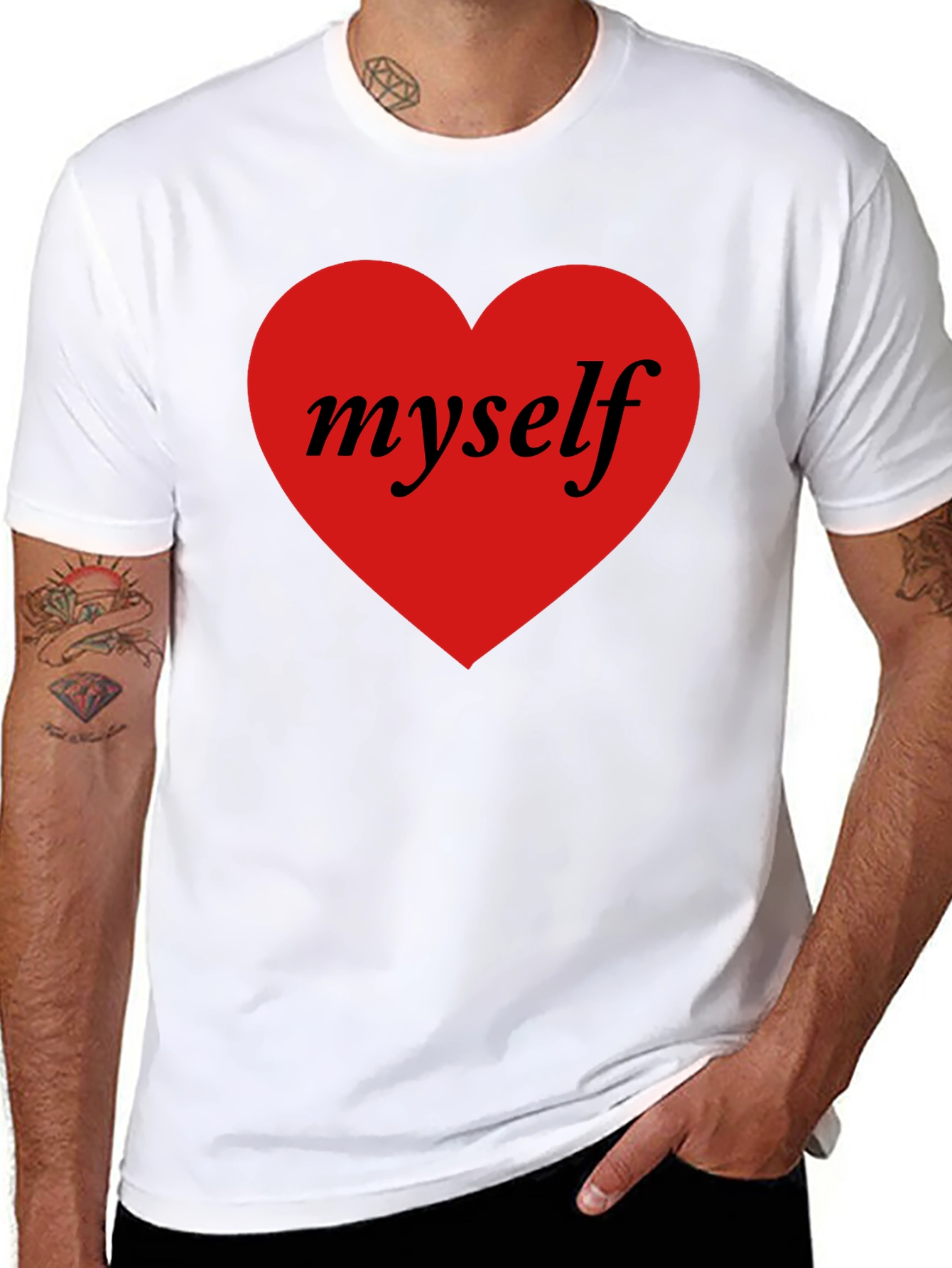 I Love Myself Black T-Shirt Red Heart Design