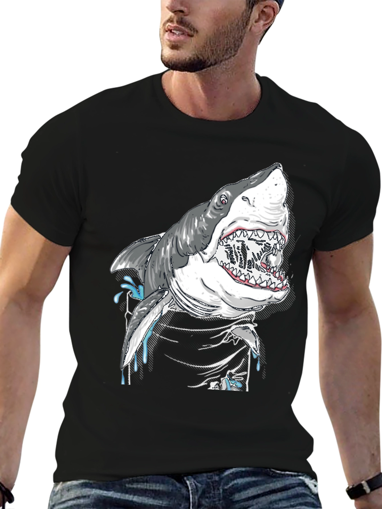 Shark Attack Graphic Print Black T-Shirt