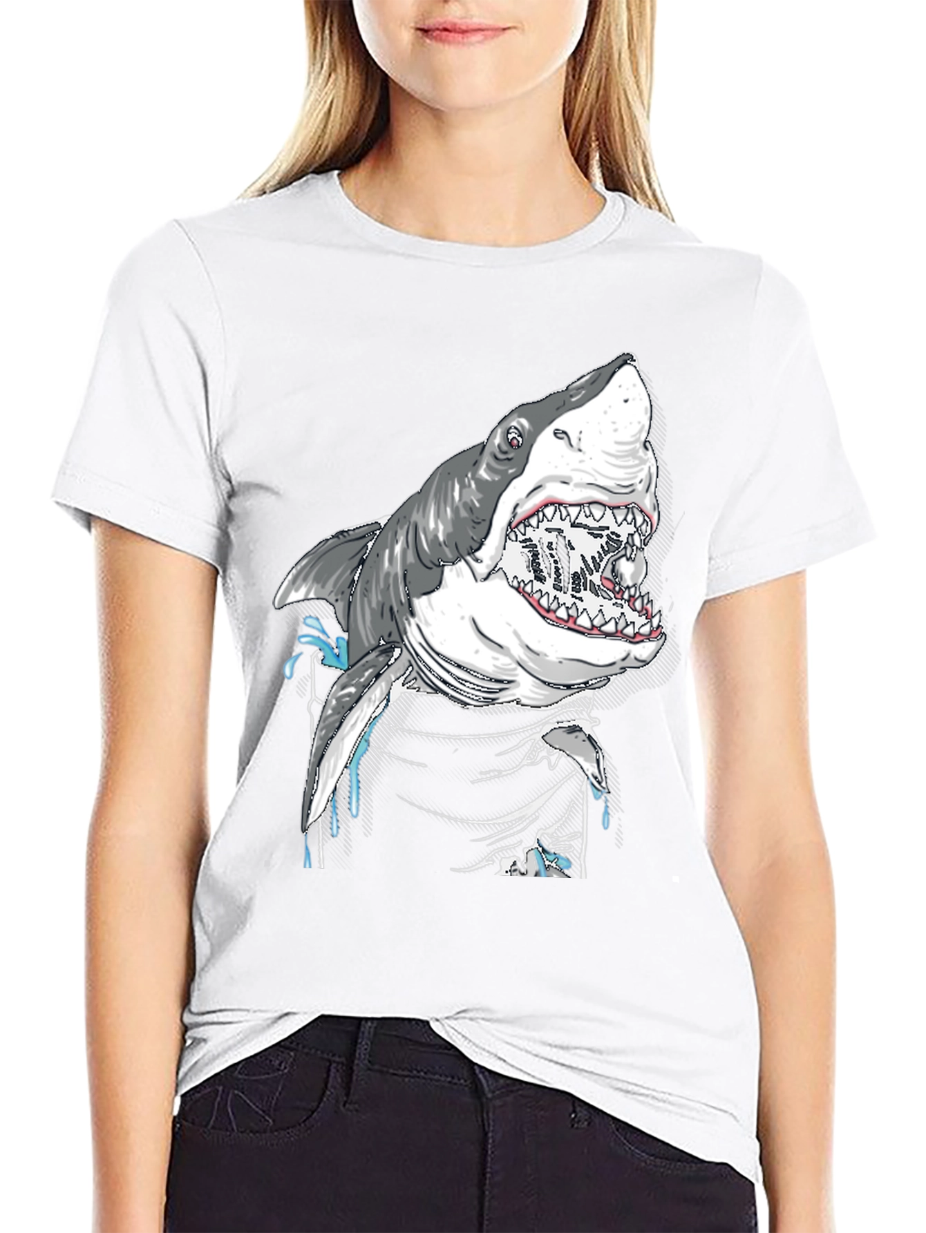 Shark Attack Graphic Print Black T-Shirt