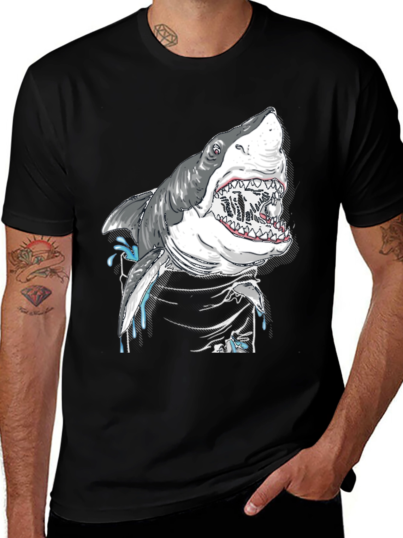 Shark Attack Graphic Print Black T-Shirt