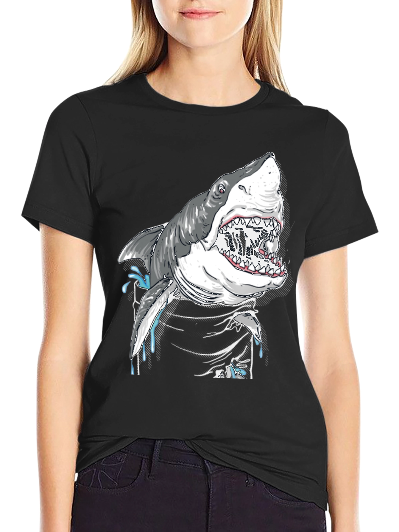 Shark Attack Graphic Print Black T-Shirt