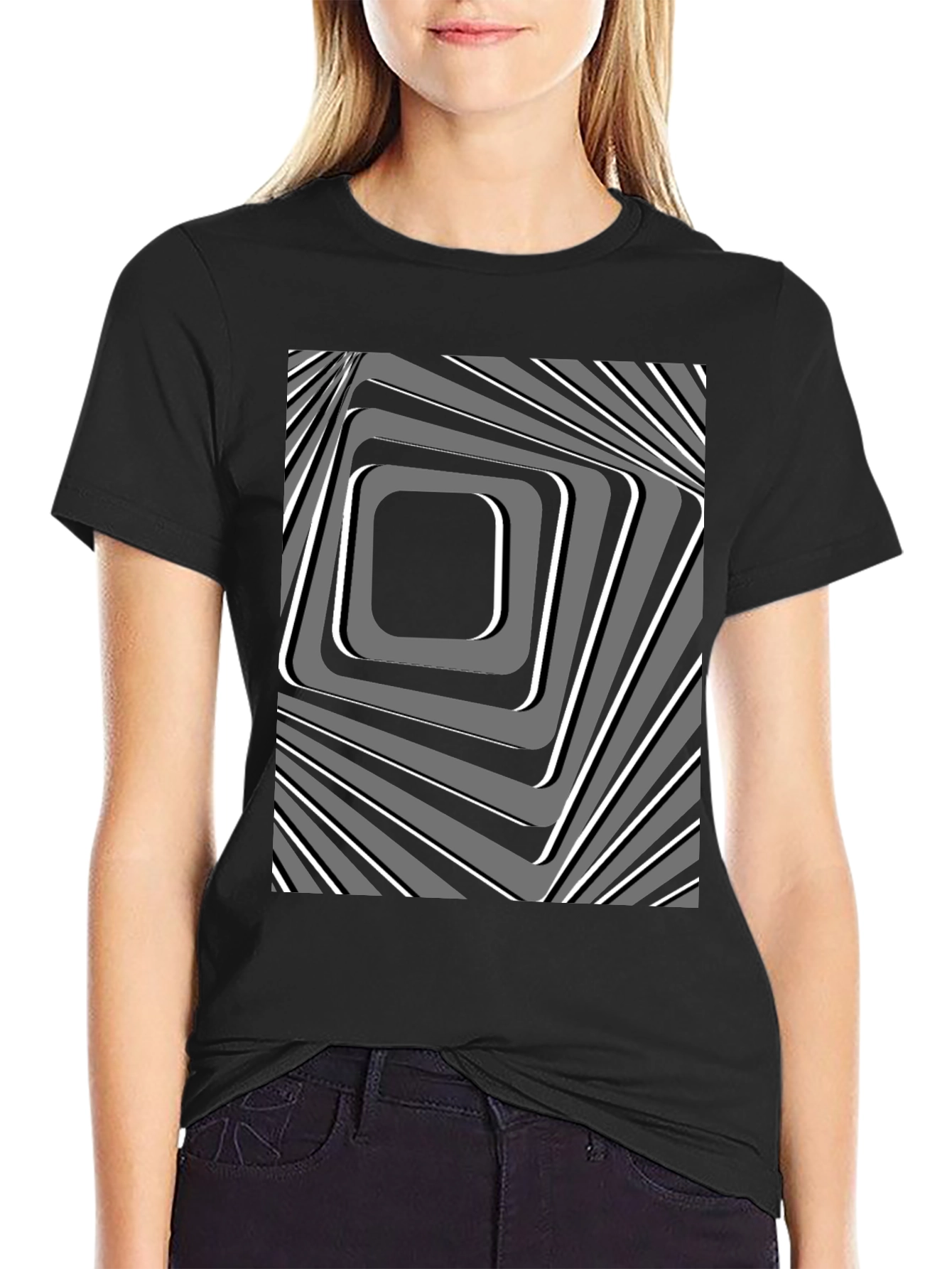 Abstract Square Pattern Black T-Shirt
