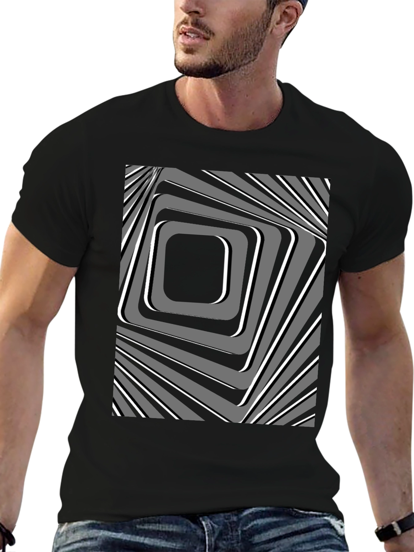 Abstract Square Pattern Black T-Shirt