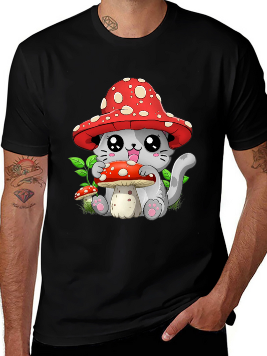 Mushroom Cat Graphic Tee - Whimsical & Cute