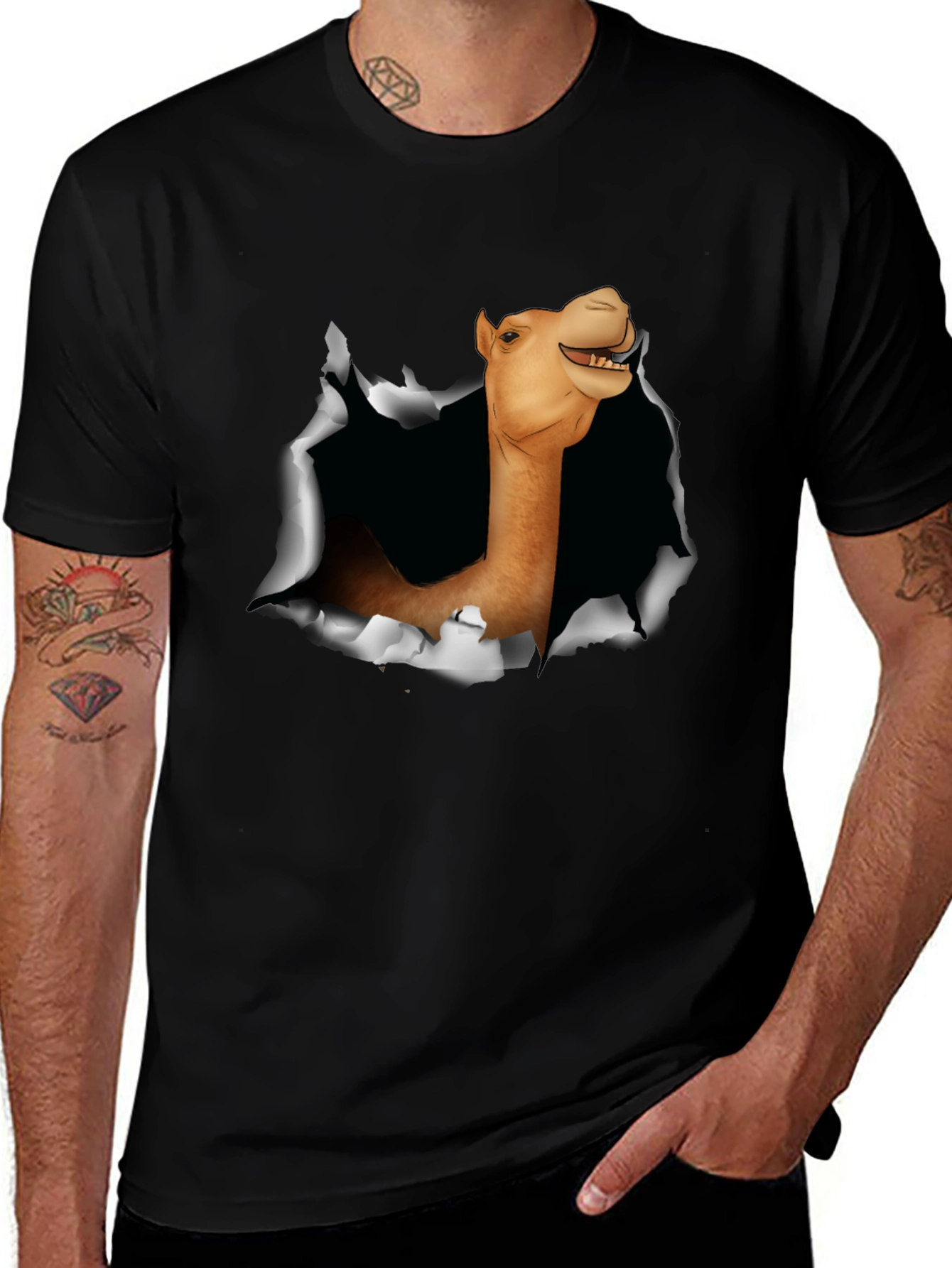 Camel Head Ripping Through Black T-Shirt