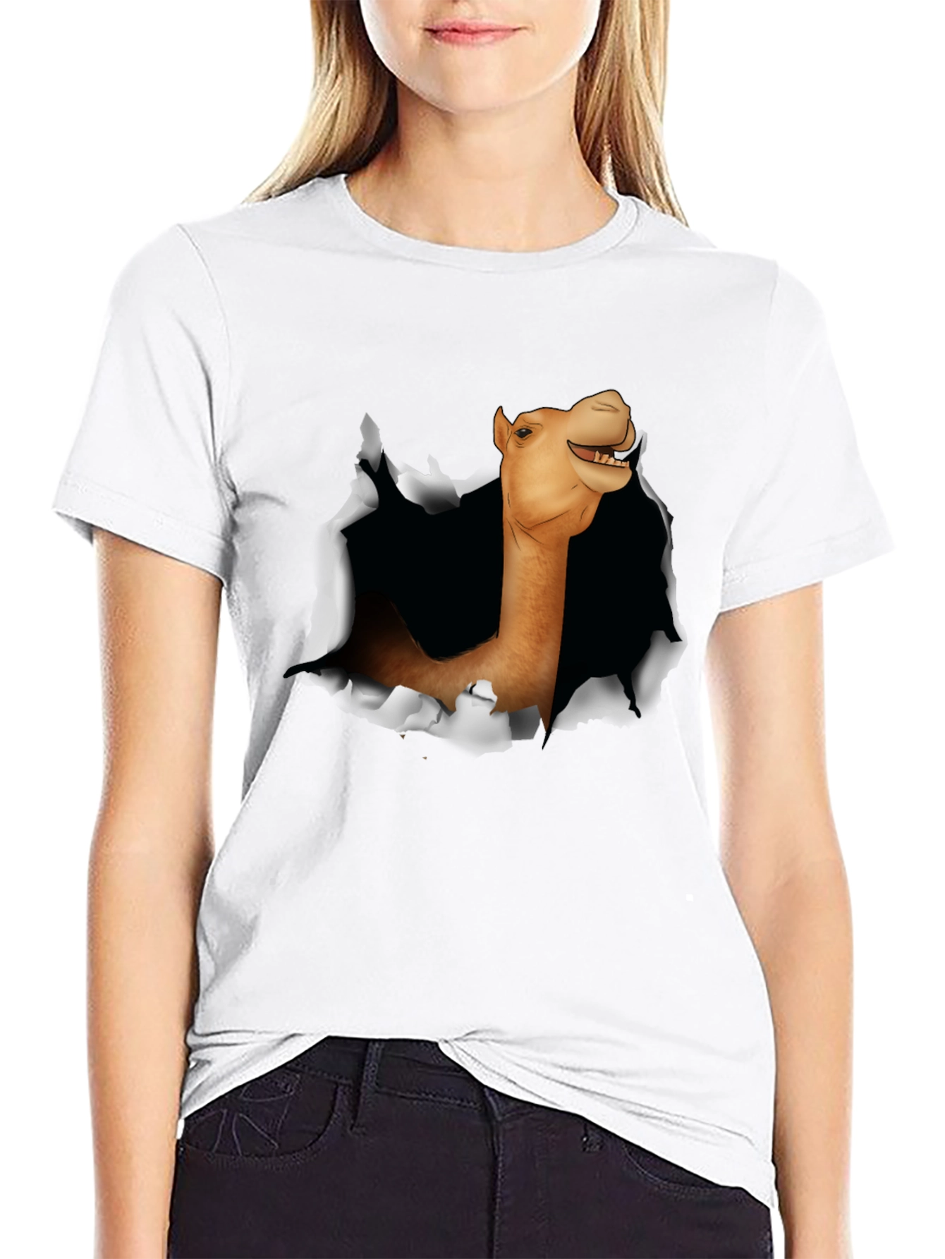 Camel Head Ripping Through Black T-Shirt