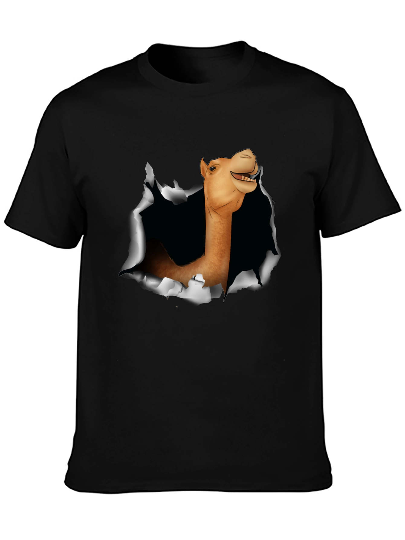 Camel Head Ripping Through Black T-Shirt