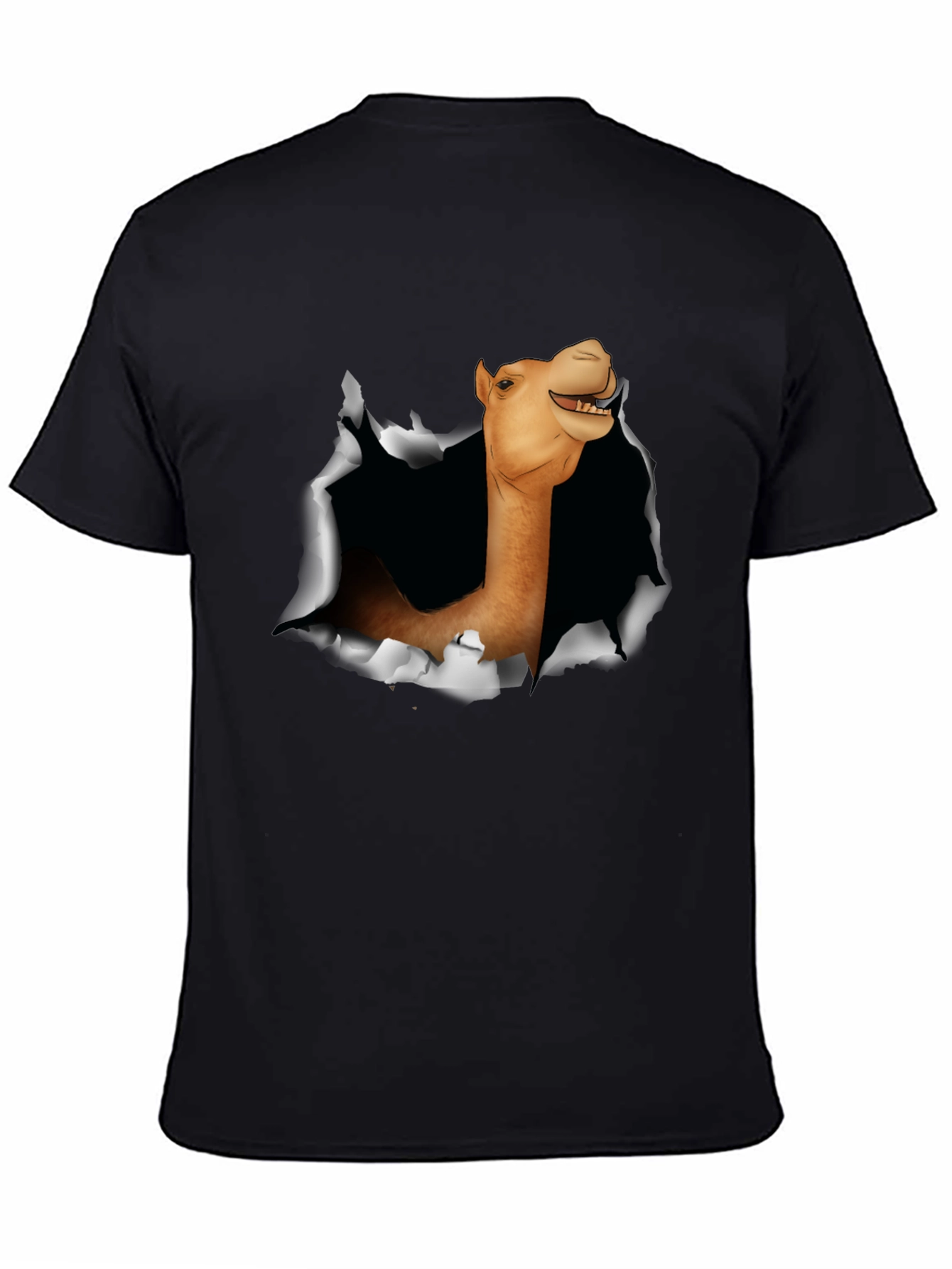 Camel Head Ripping Through Black T-Shirt