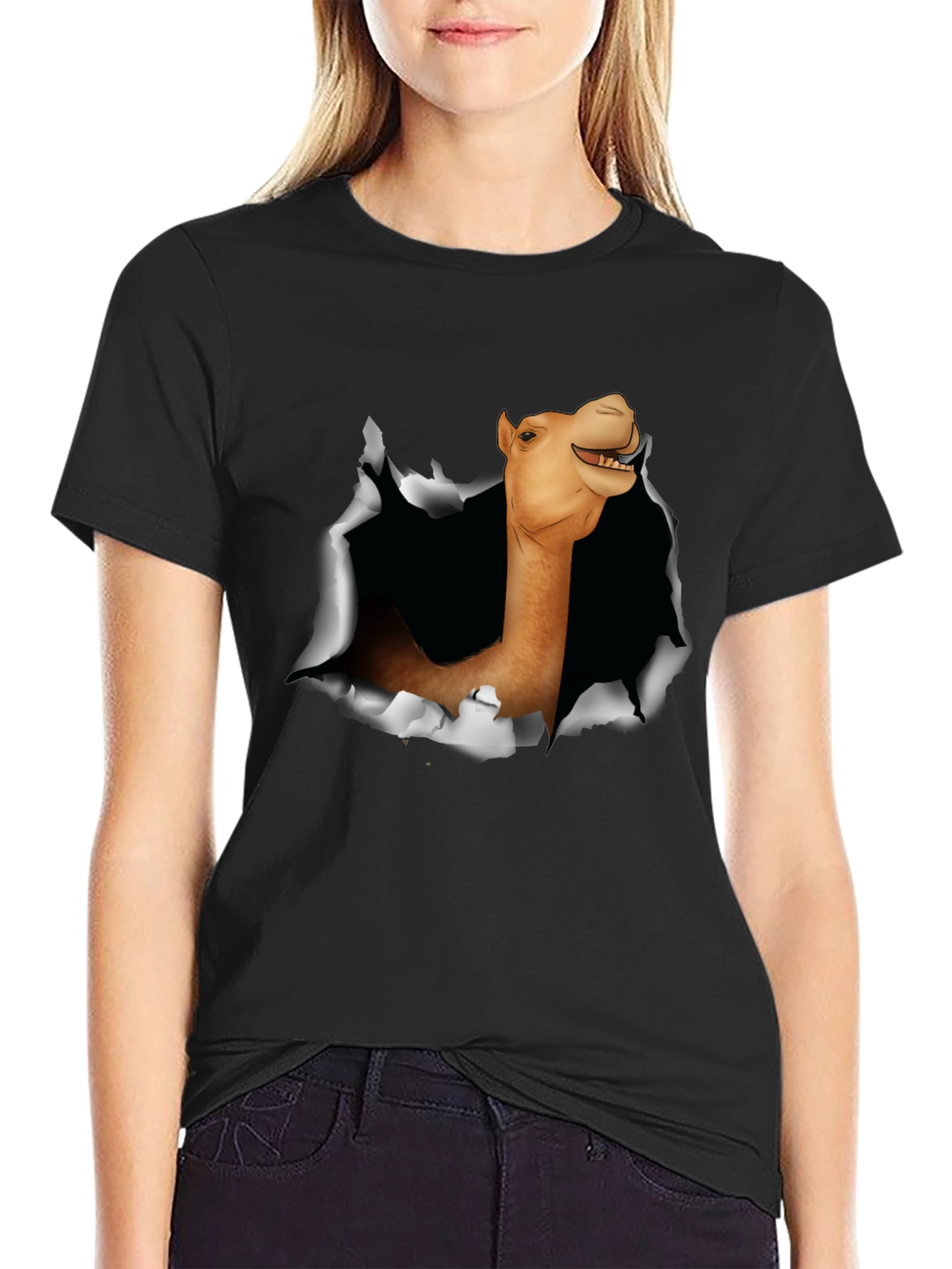 Camel Head Ripping Through Black T-Shirt