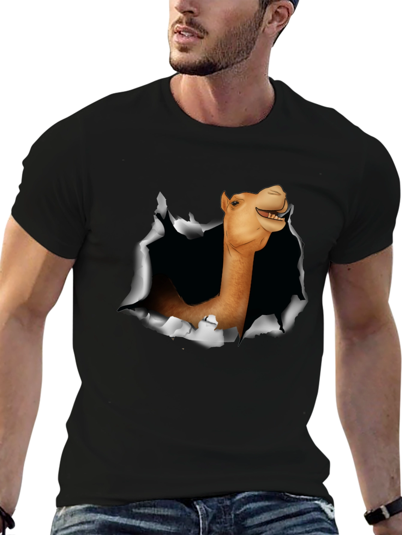Camel Head Ripping Through Black T-Shirt