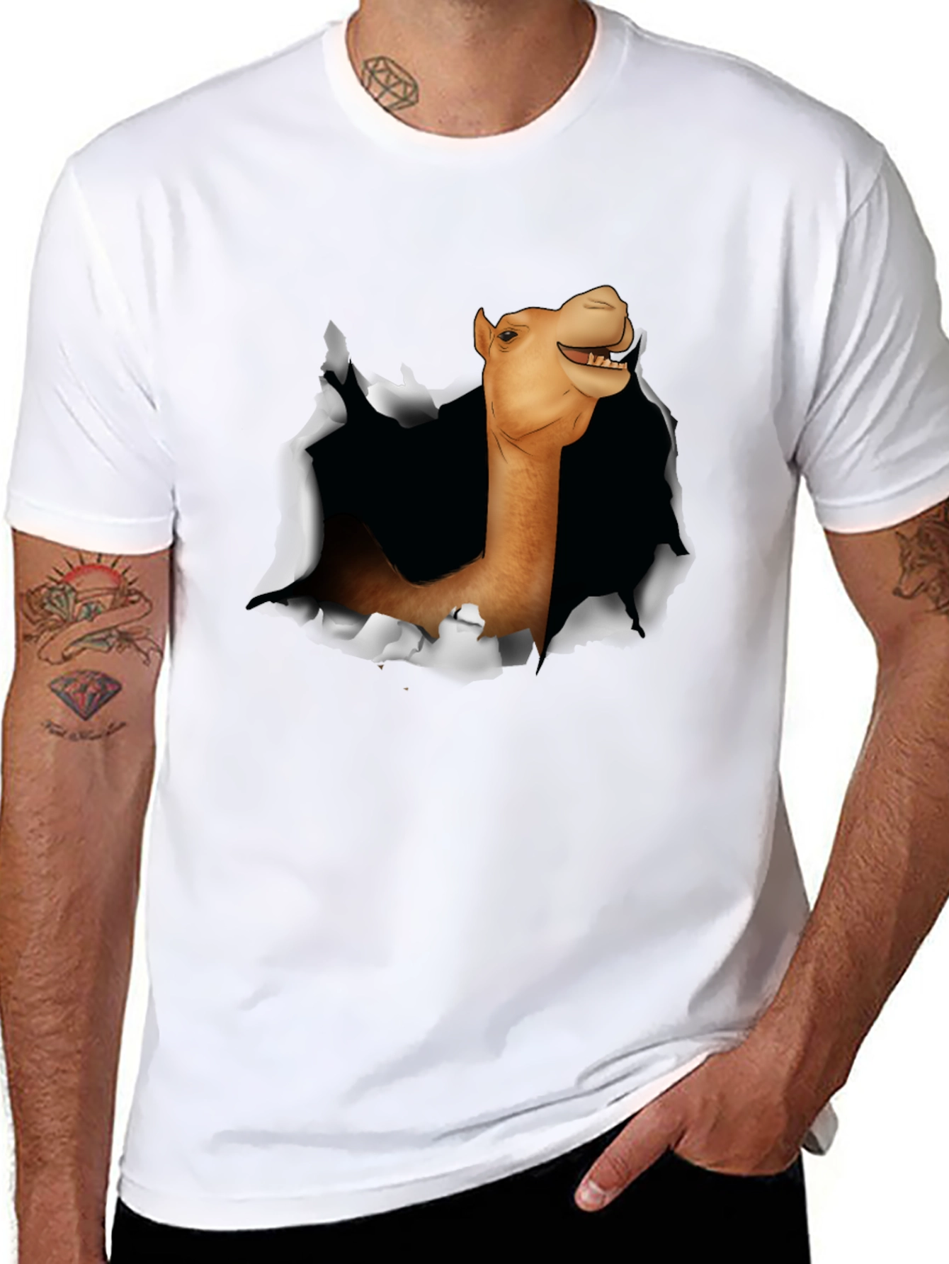 Camel Head Ripping Through Black T-Shirt
