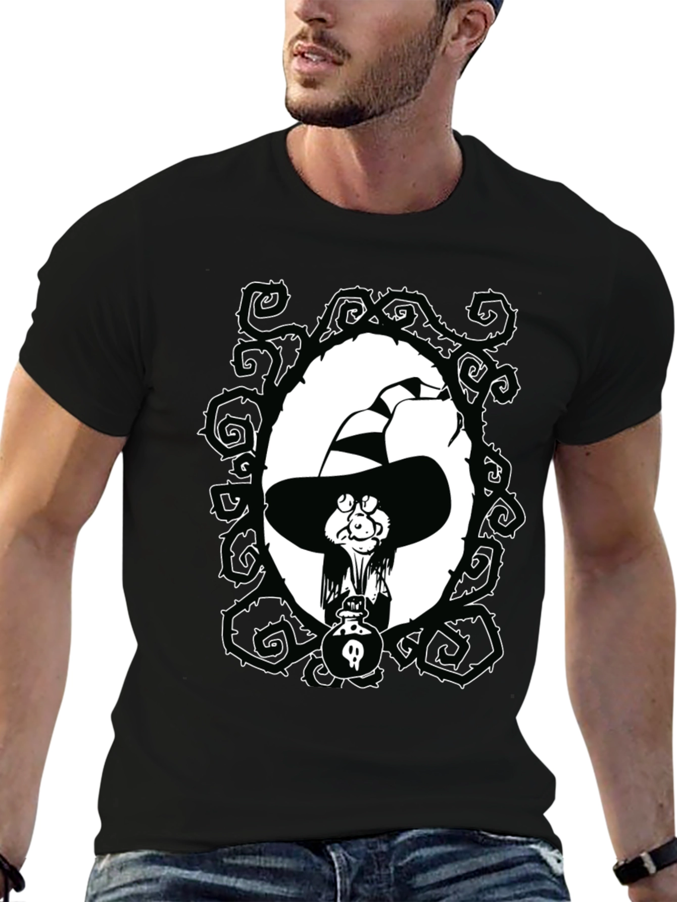 Whimsical Witch Graphic Tee - Unisex Black T-Shirt