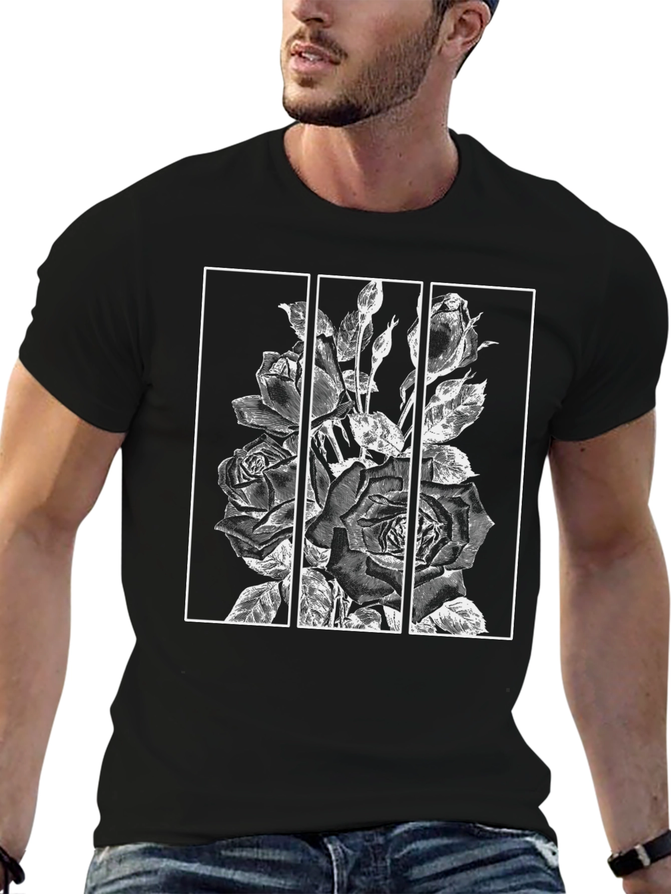 Floral Triptych Graphic Black T-Shirt