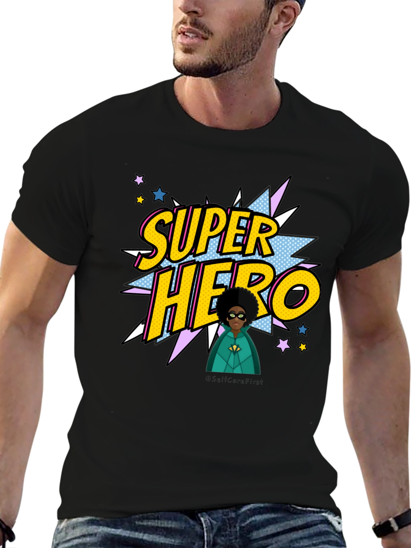 Super Hero Graphic Print Black T-Shirt