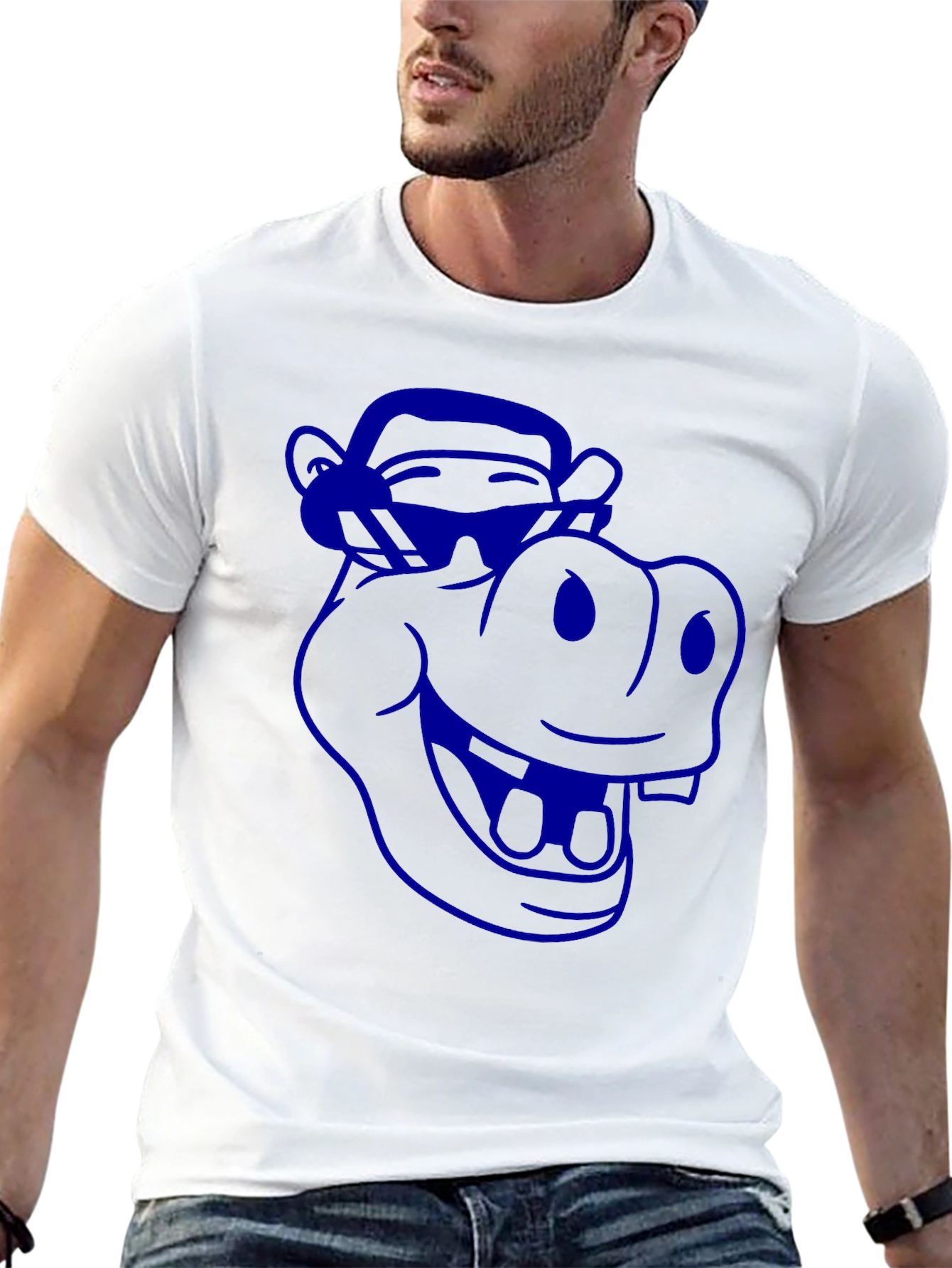 Cartoon Hippo Graphic Tee - Cool Blue Print