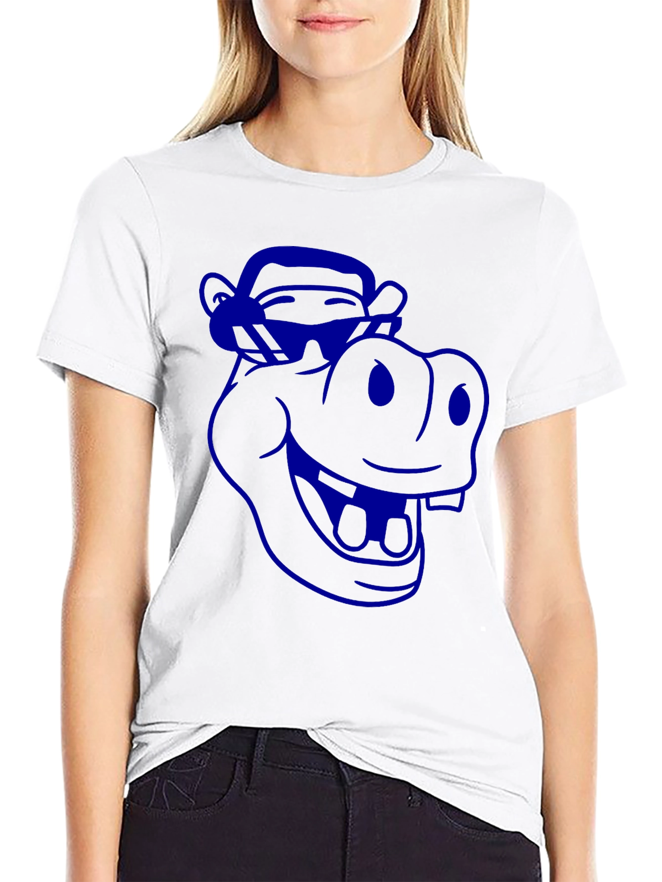 Cartoon Hippo Graphic Tee - Cool Blue Print