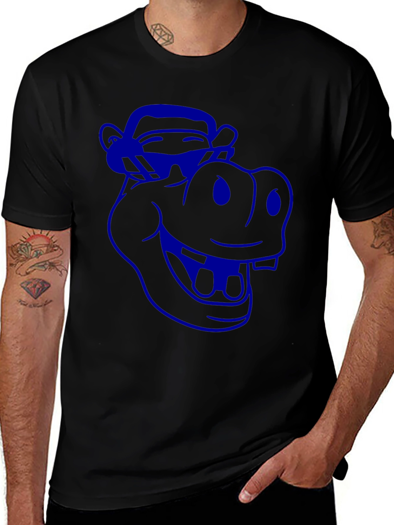 Cartoon Hippo Graphic Tee - Cool Blue Print
