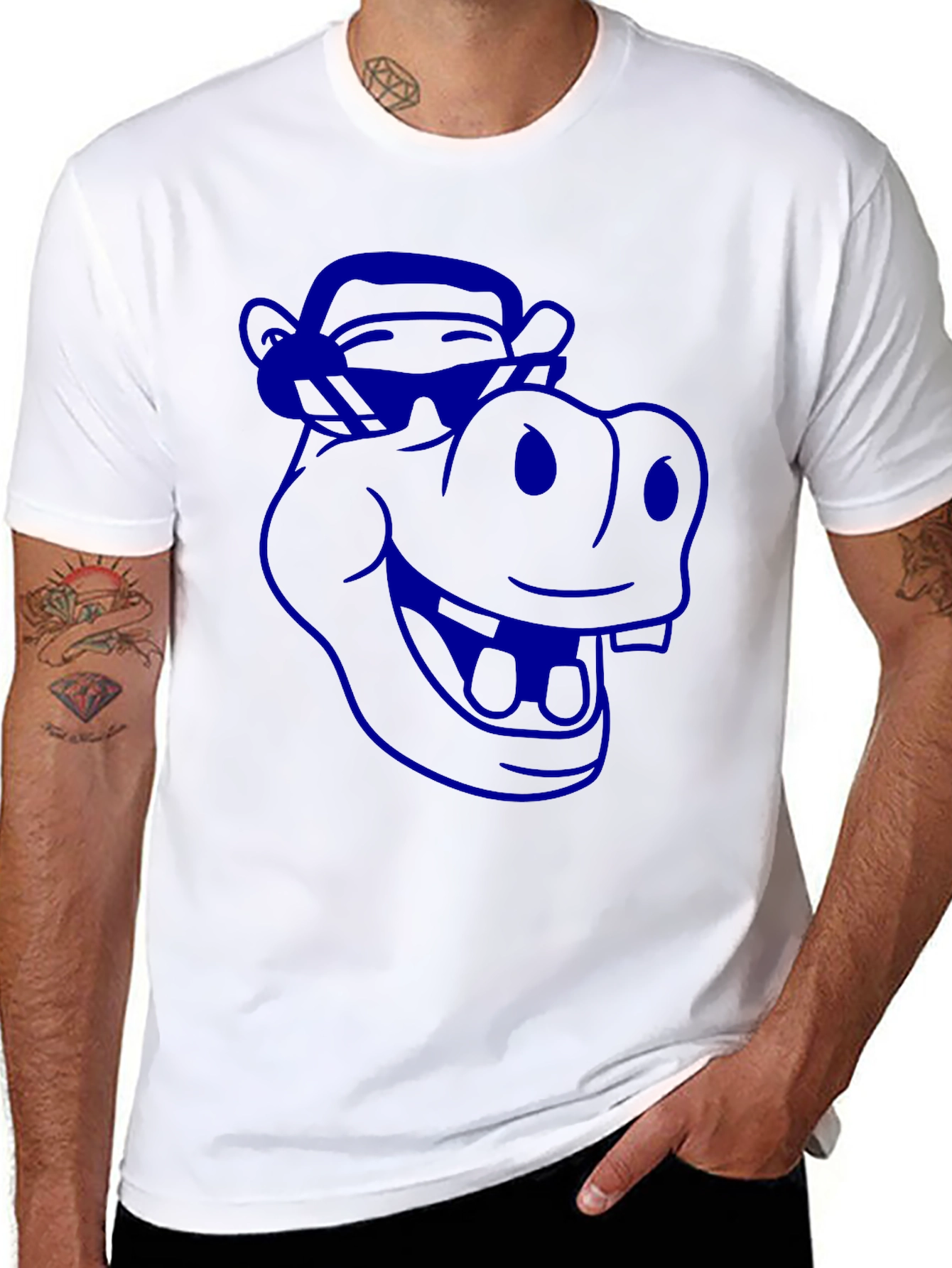 Cartoon Hippo Graphic Tee - Cool Blue Print