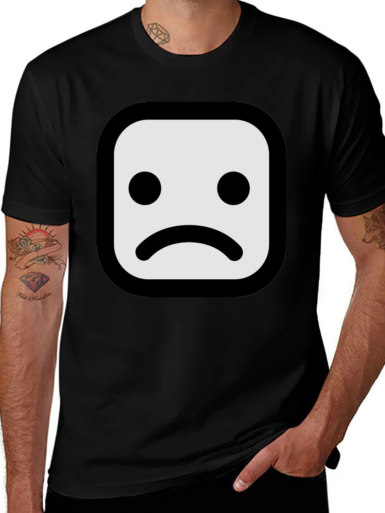 Sad Face Graphic T-Shirt - Black Cotton Blend