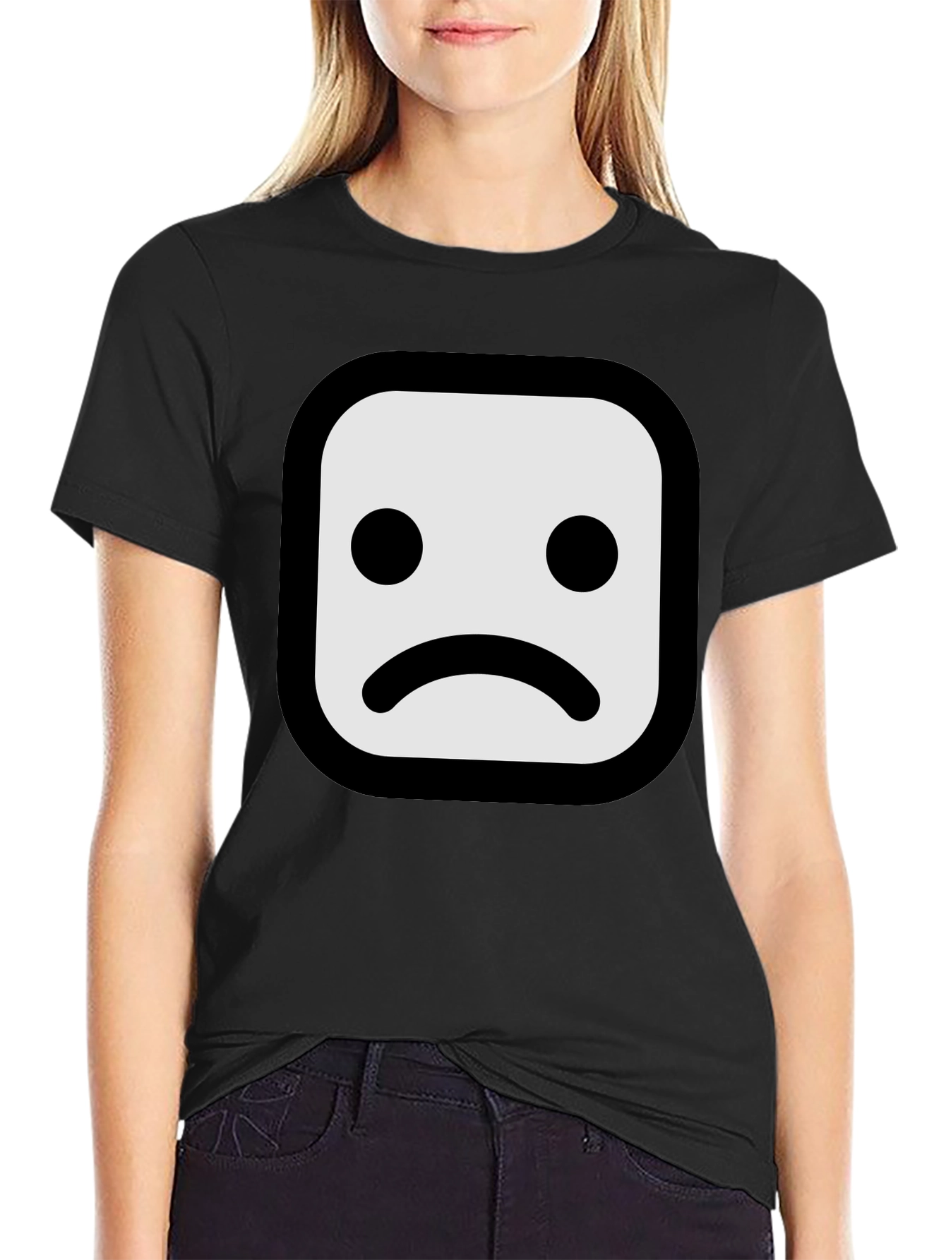 Sad Face Graphic T-Shirt - Black Cotton Blend