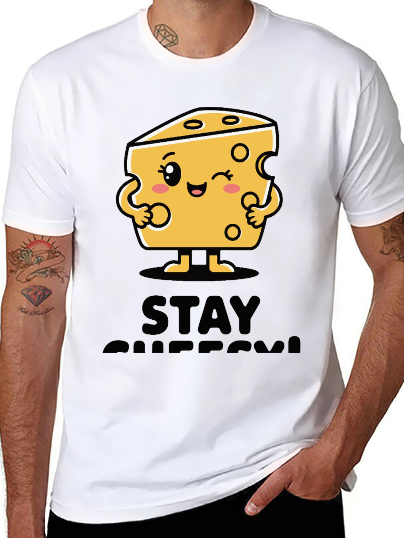 Stay Cheesy Cartoon Graphic Black T-Shirt