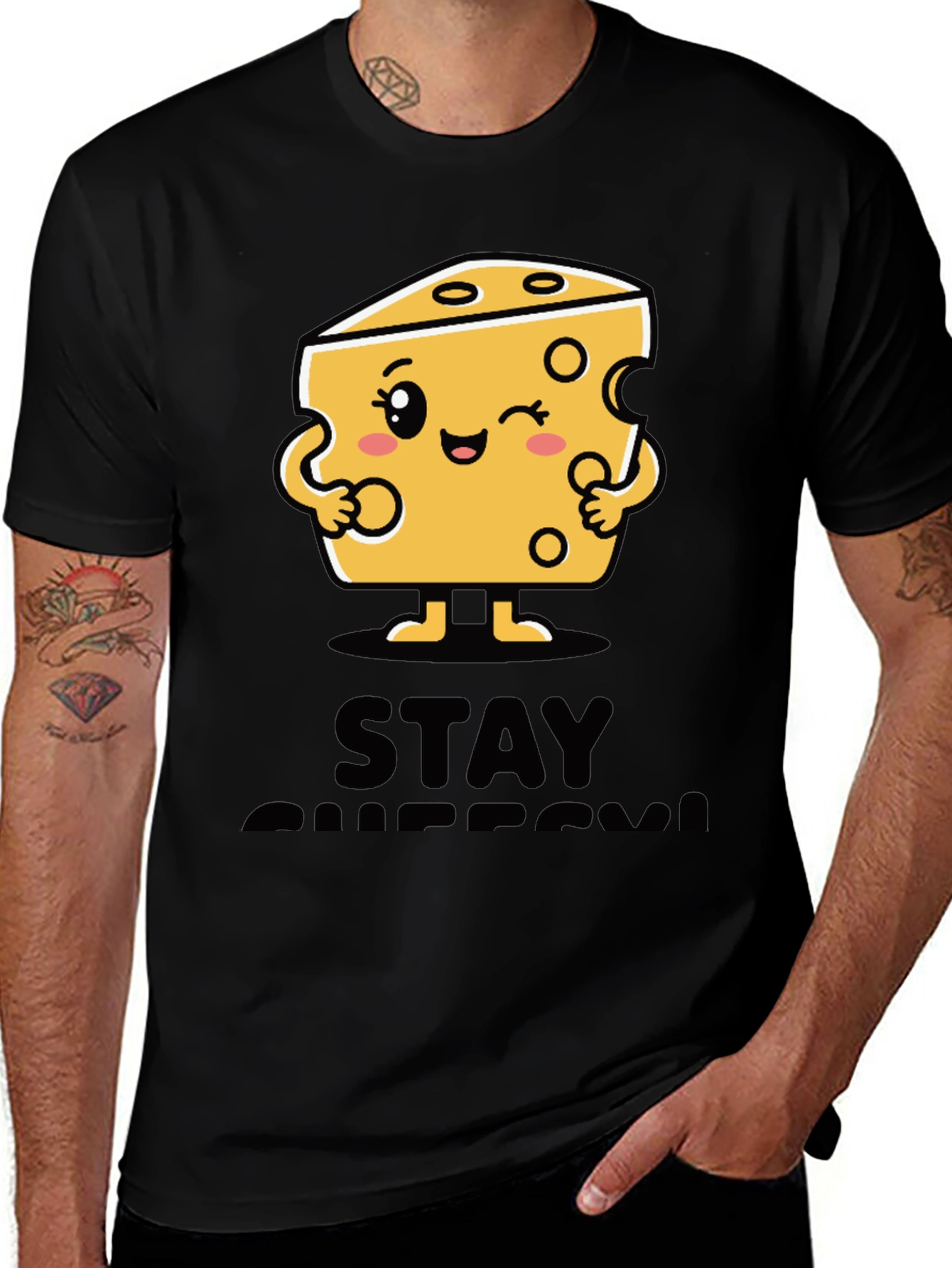 Stay Cheesy Cartoon Graphic Black T-Shirt