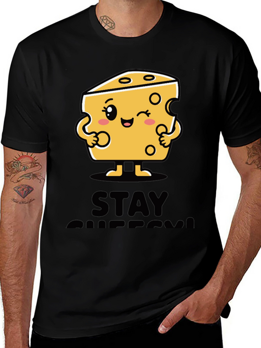 Stay Cheesy Cartoon Graphic Black T-Shirt