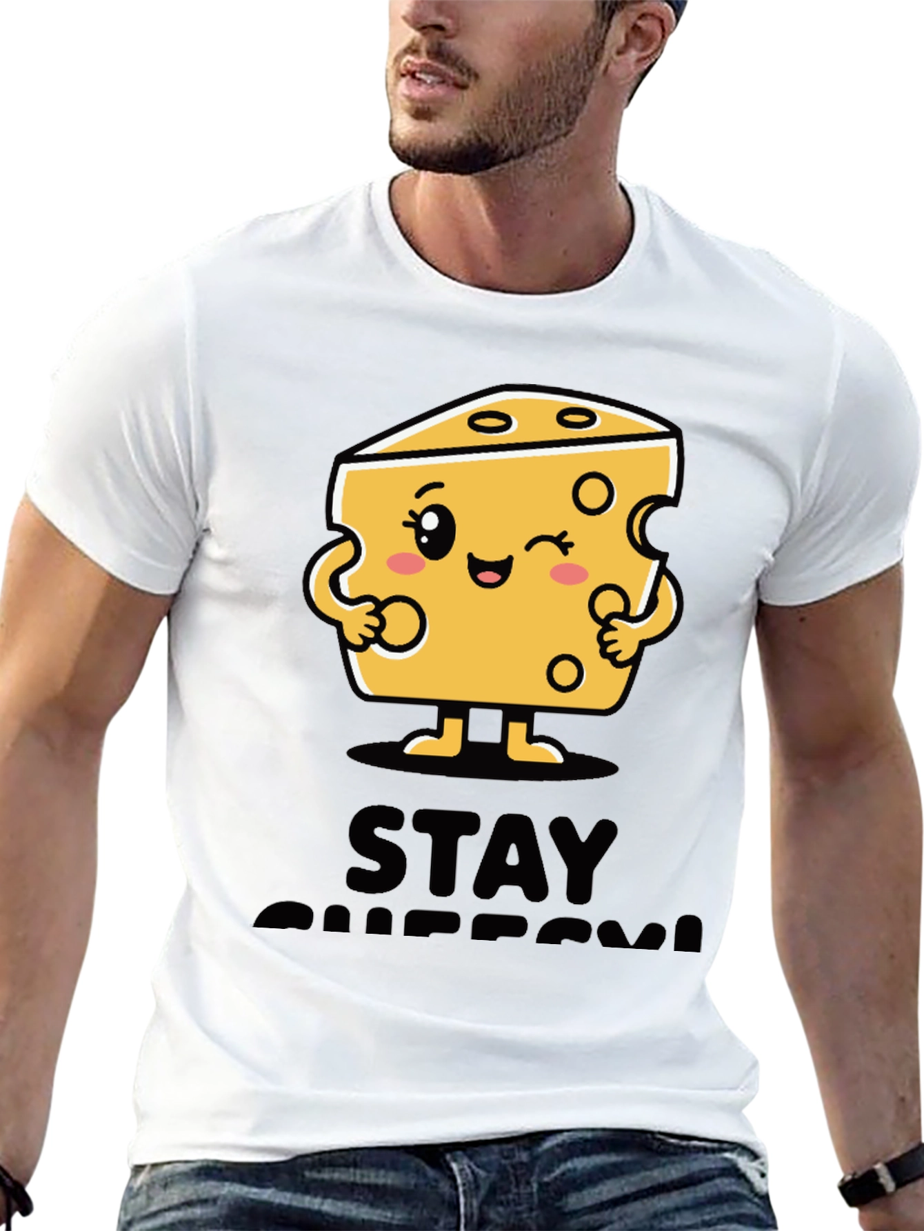 Stay Cheesy Cartoon Graphic Black T-Shirt