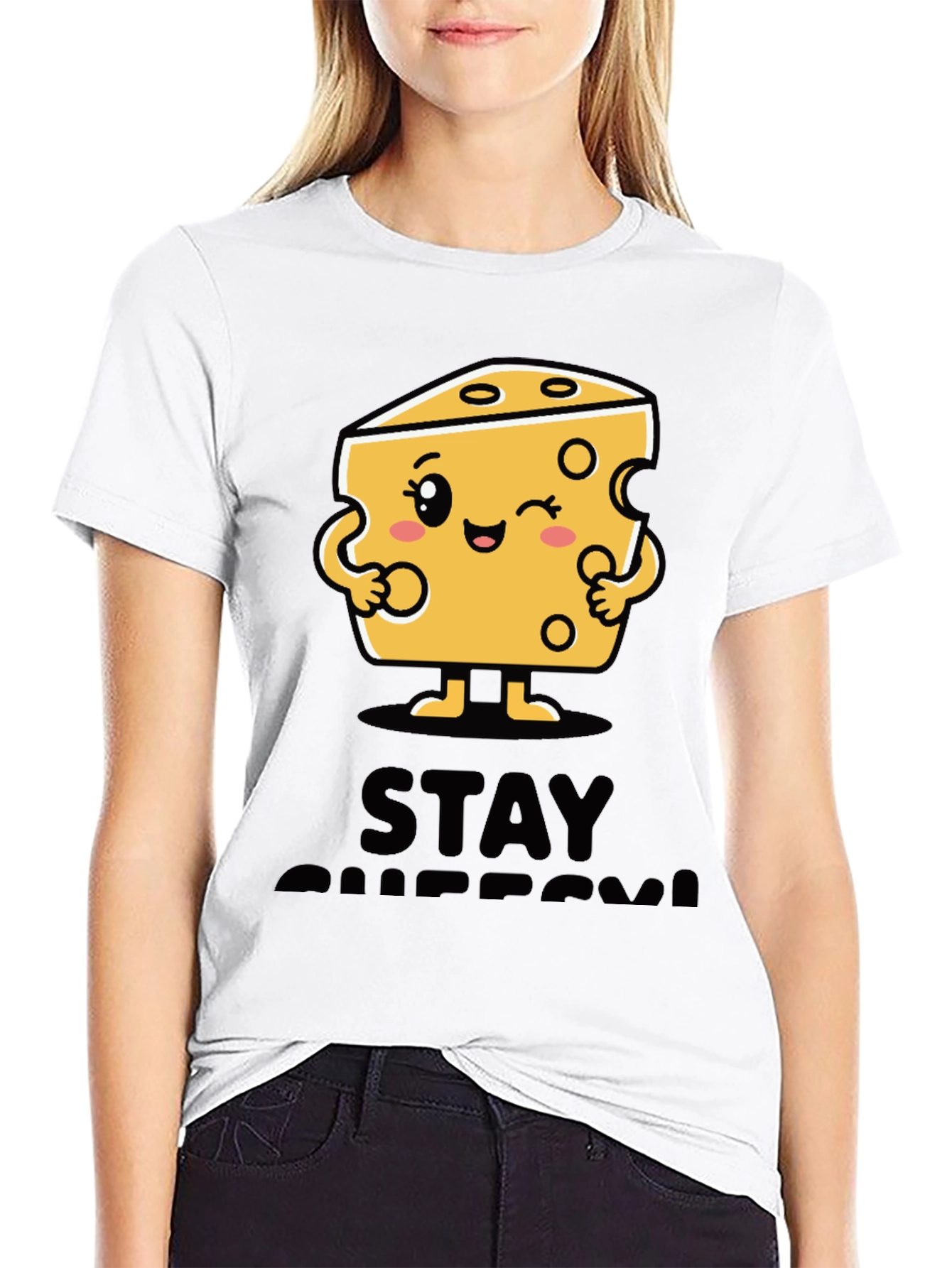 Stay Cheesy Cartoon Graphic Black T-Shirt