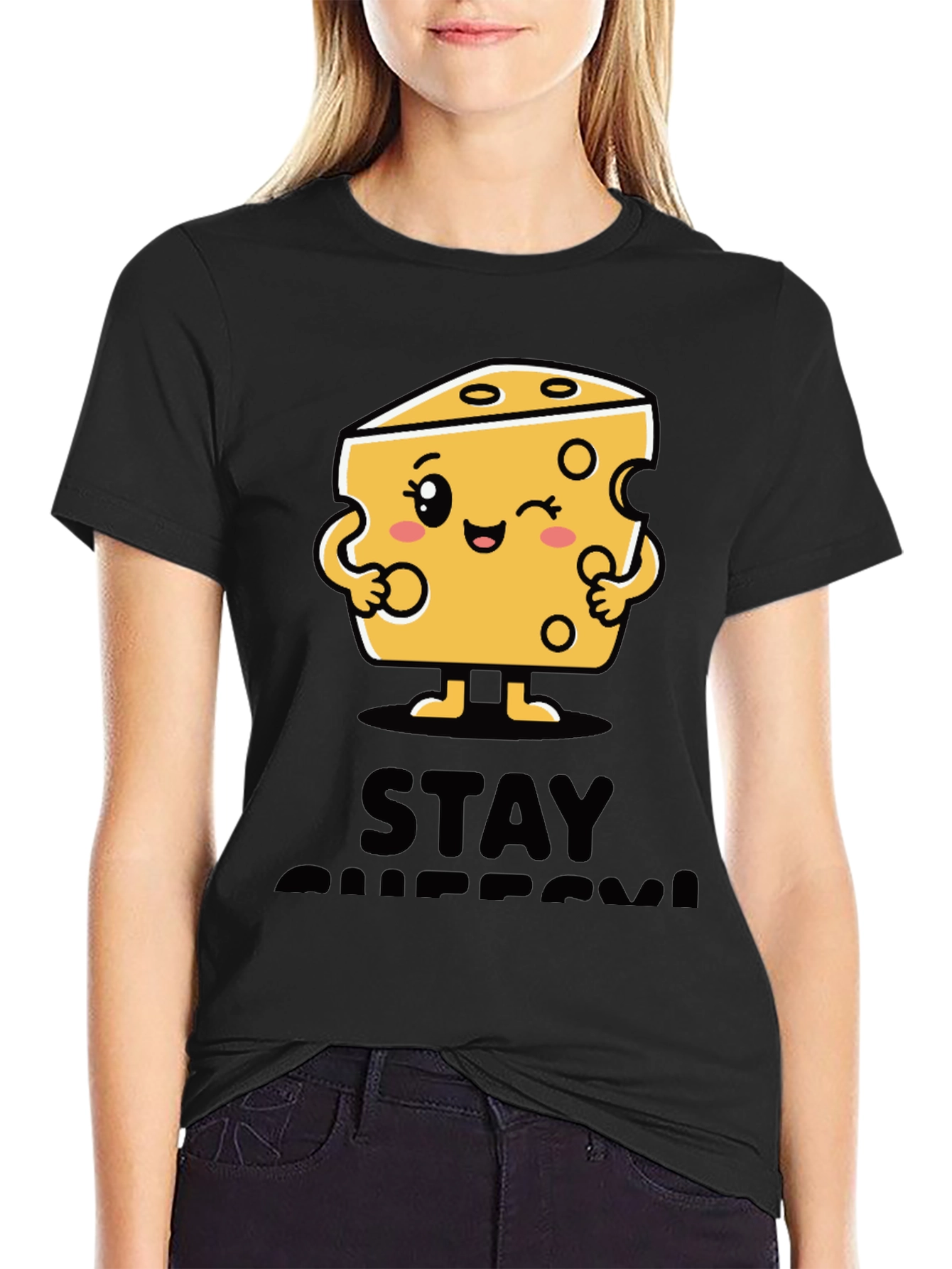 Stay Cheesy Cartoon Graphic Black T-Shirt